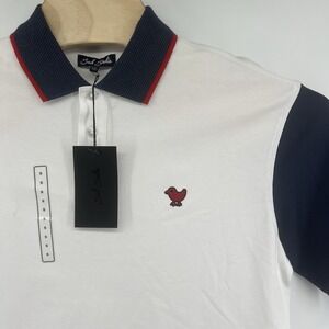 Bad Birdie Pique Polo Small White Dark Navy Blue Colorblock Stretch New